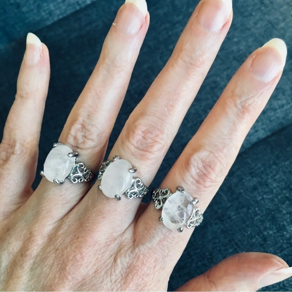 Light Pink Rose Quartz Stone + Silver Fashion Ring